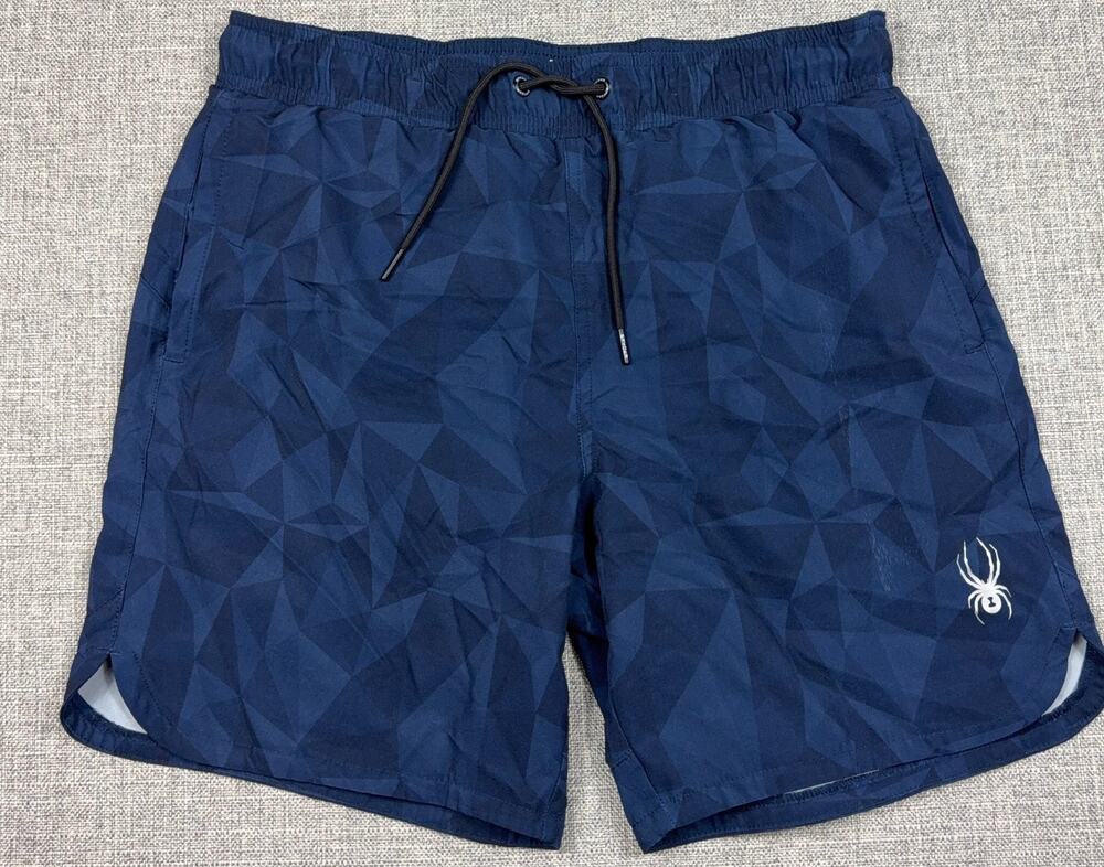 Spyder Swim Trunks Mens M Navy Geometric Lined Drawstring Shorts Flaw